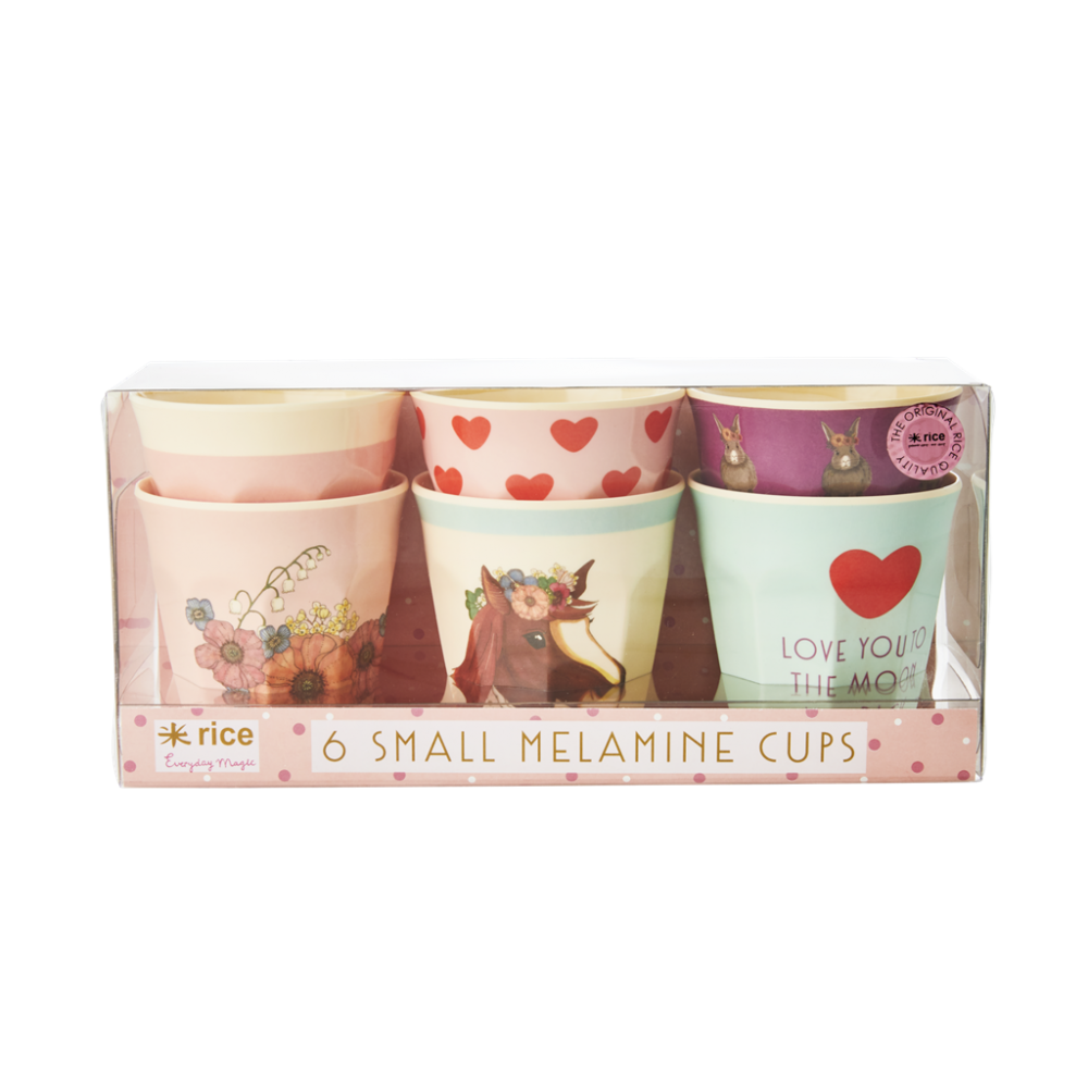 Set of 6 Small Kids Melamine Cups Farm Animals Pink Print Rice DK